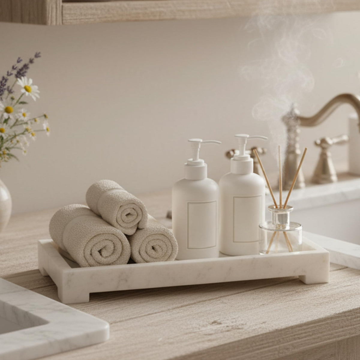 Dreamy Walls Banswara White Marble Vanity Tray - 11×4 Inch | Marble Tray for Bathroom, Perfume, Jewellery & Dressing | Trinket Tray, Bathroom Tray for Toiletries | Anti-Slip | Handmade in India