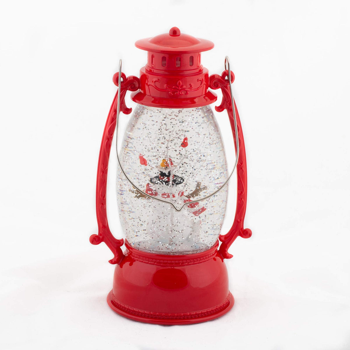 Red Vintage Lantern Snowman Swirling LED Light 10 Inch Acrylic Holiday Glitter Globe