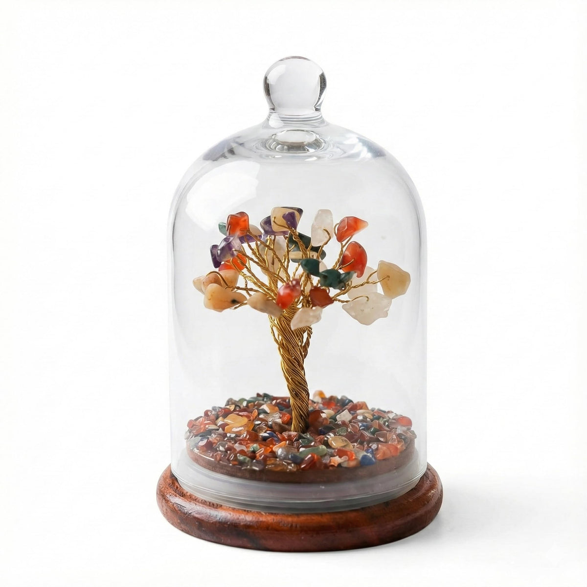 KAII Handcrafted 7 Crystal Tree of Life - Natural Gemstone Chips Under Glass Dome on Wooden Base - Elegant Chakra Decor for Home, Office, Meditation - Unique Gifts for Women, Housewarming, Desk