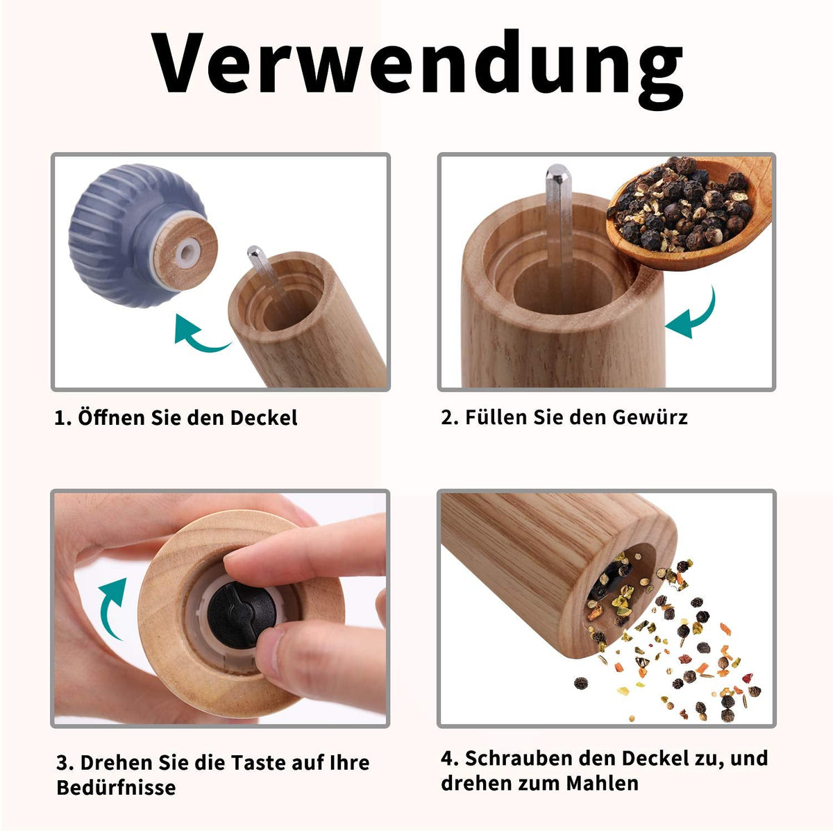 HAIPUSEN Wood and Ceramic Pepper Grinder Set - Salt and Pepper Mill Spice Mill with Adjustable Coarseness, 7 inches (Without Tray)