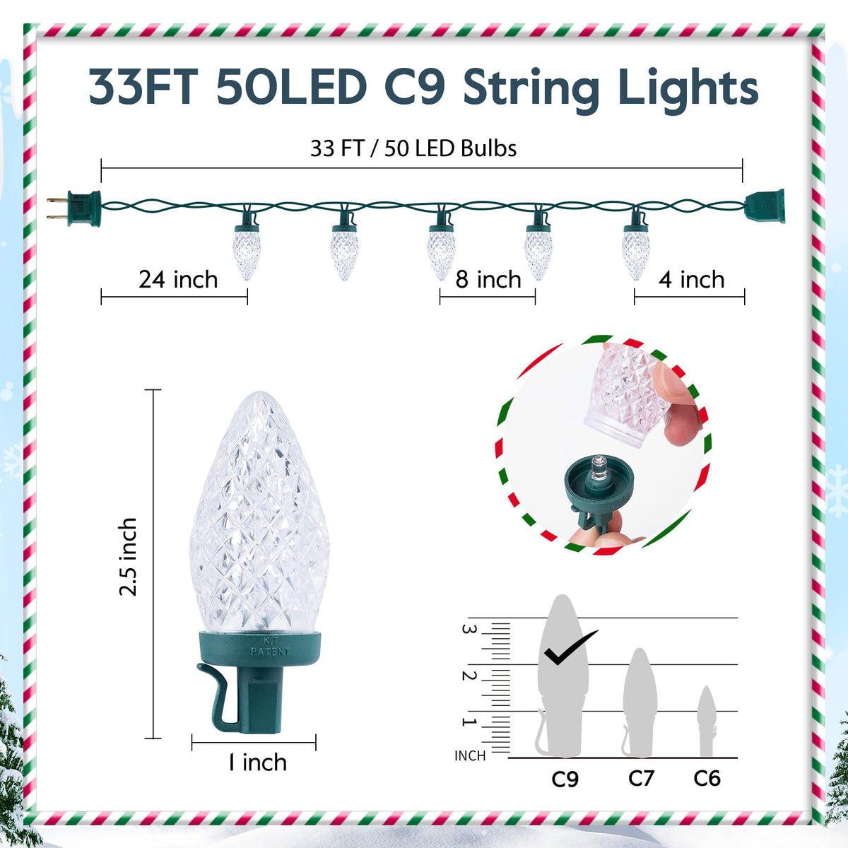 Brightown C9 LED Christmas String Lights, 33ft 50 LED Waterproof Strawberry String Lights, Plug-in Extendable Green Wire Lights String for Outdoor Indoor Patio Party Decoration (White)