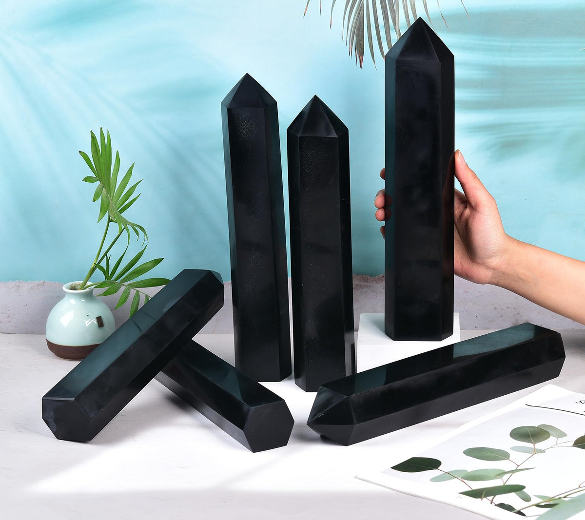 AMOYSTONE Black Obsidian Column 3.5-4 Lbs Hexagonal Crystal Tower Natural Volcanic Glass Obelisk Point for Living Room Feng Shui Home Display Bookcase Showcase Setup