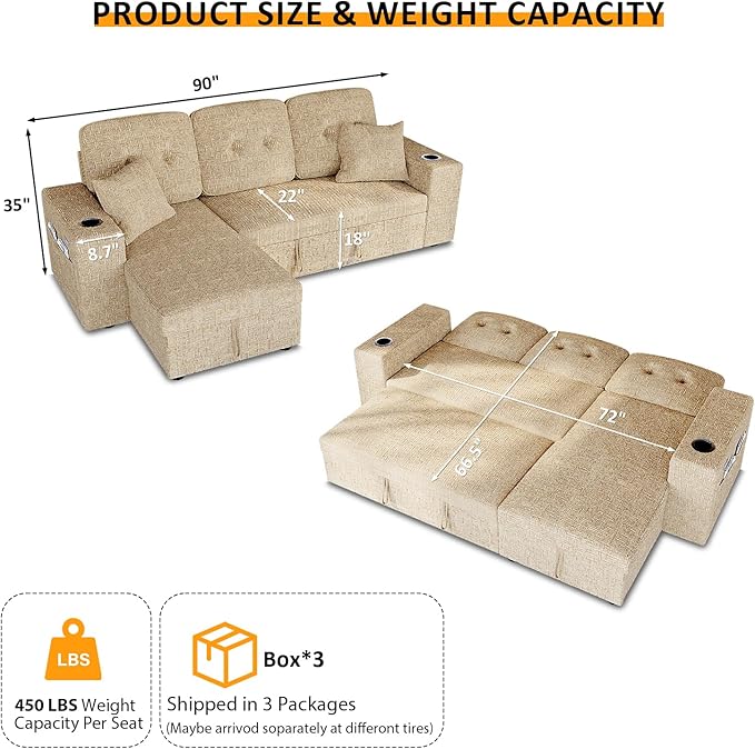 90 Inch Modular Sectional Sleeper Sofa Bed, 4 in 1 Pull Out Couch Bed