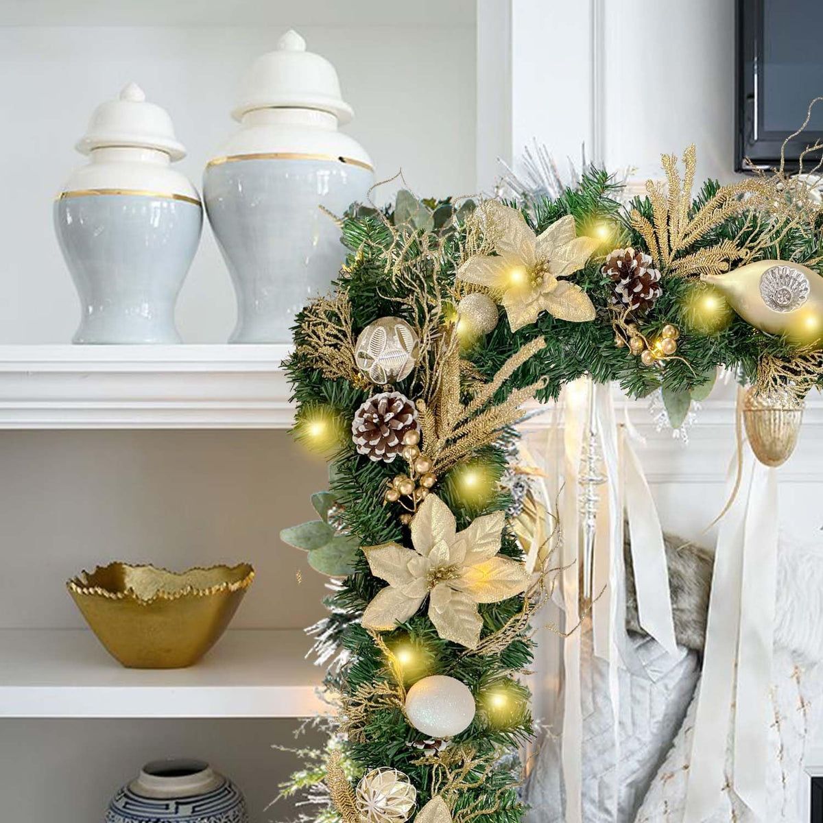 WANNA-CUL Pre-Lit 6 Feet/72 Inch Christmas Garland for Front Door with Lights Champagne Gold Christmas Mantel Garland Decoration with Ball Ornaments, Poinsettia Flowers,Ribbon,Battery Operated 30 LED