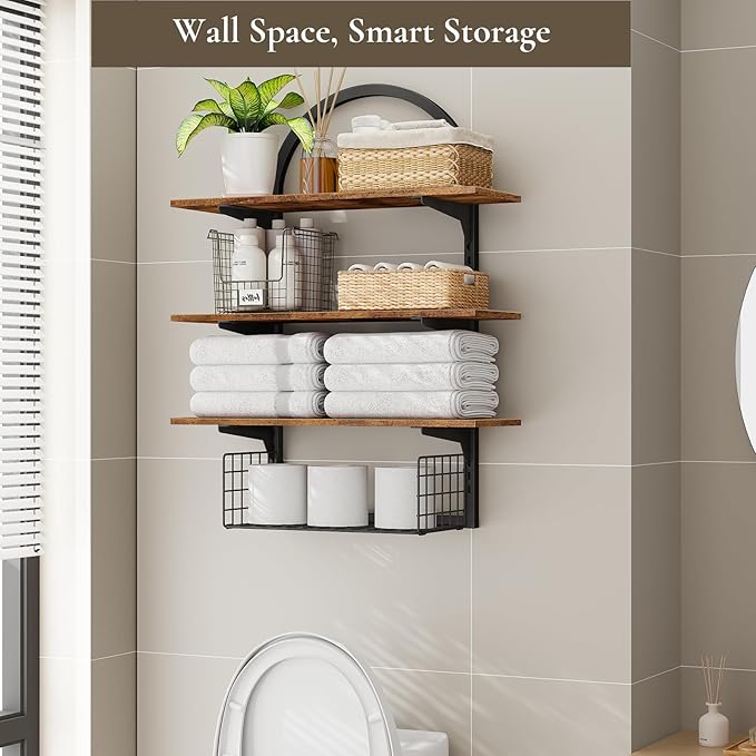 3 Tier Floating Shelf with Storage Baskets, Wall Mounted Bathroom Shelves Over