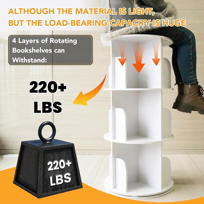 RUNSUNSPRI 4 Tier Rotating Bookshelf Tower, Spinning Bookshelf, Revolving 360°