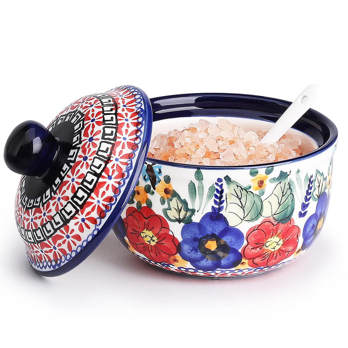 silesia Handmade Sugar Bowl with Lid and Spoon, 10 Ounce Ceramic Hand-Painted Sugar Jar for Kitchen in Gift Box, Kitchen Decor, Oven, Dishwasher & Microwave Safe, Polish Garden
