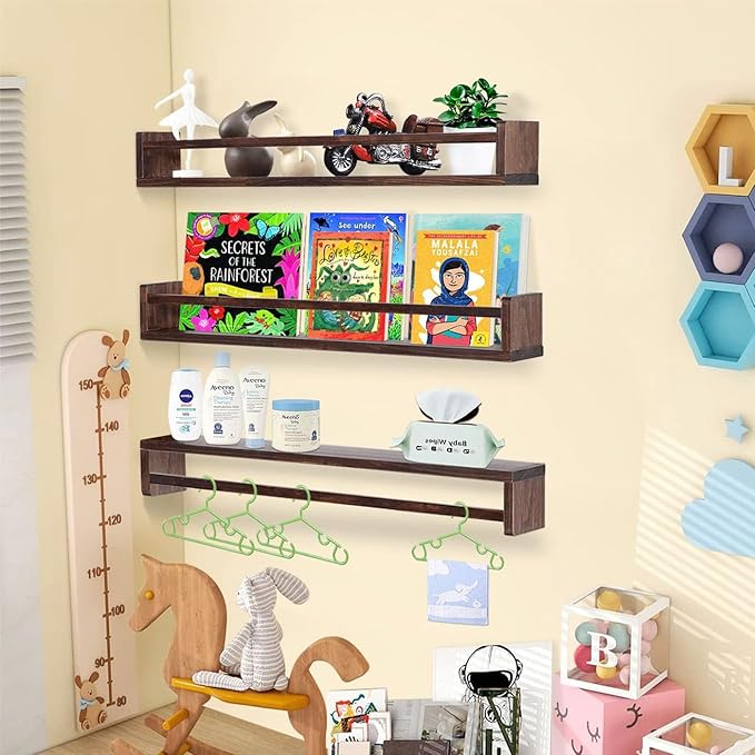 AZSKY Nursery Book Shelves Deep Walnut Wall Mount Floating Book Shelf