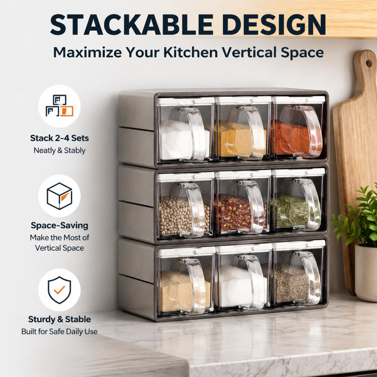 ZENFUN 3 Grids Seasoning Organizer Box, Stainless Steel Salt Container with Lid and Spoon, Seasoning Containers with Stainless Steel Rack for Home, Kitchen, Cafe, Storing Salt, Sugar, Pepper, Spice