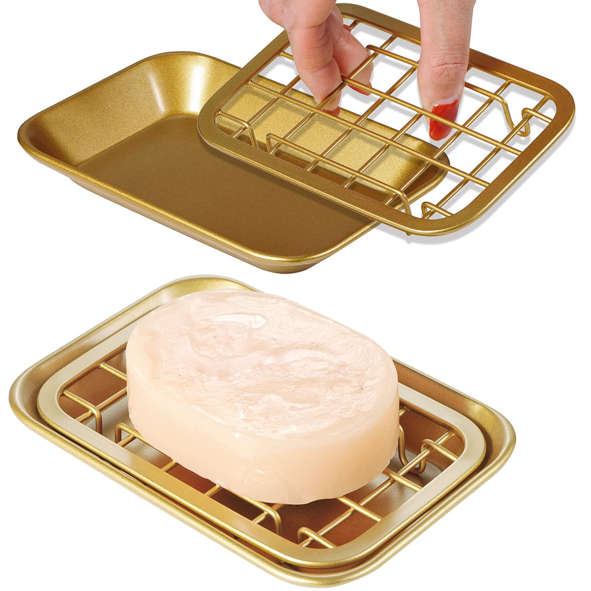 Kitchen and Bathroom Soap Dish Tray - Metal 2-Piece Soap Dish Tray with Drainage Grid and Holder for Kitchen Sink Countertops to Store Soap, Sponges, Scrubbers - Rust Resistant (2 Pack, Gold)