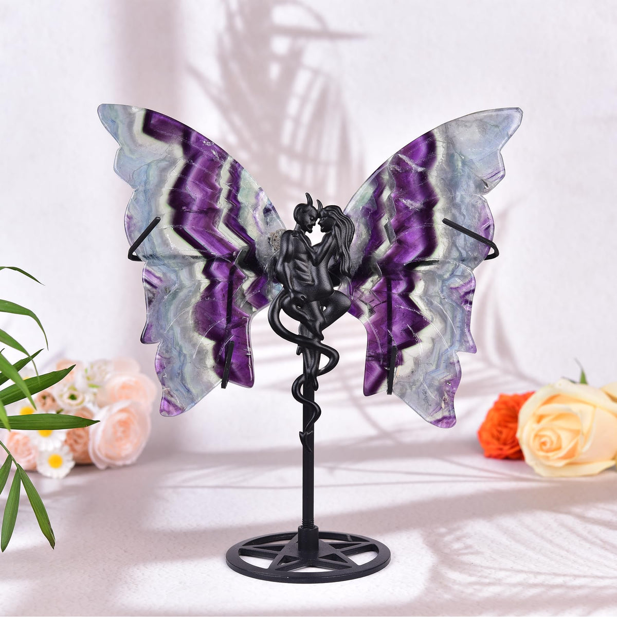 JIC Gem Large Amazing Gemstone Feather Fluorite Crystal Butterfly Art Decorative Healing Crystal Slices Carved Angel Wings with Stand Office Home Decor Reiki Crystal Gifts (1pair, 17-18cm)