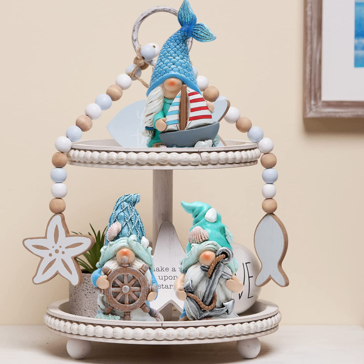 Hodao Coastal Nautical Gnome Figurines Set, Ocean Theme Resin Gnome Decor with Anchor Helm Sailboat, Beach Coastal Home Tabletop Decoration Gift for Spring Summer All Season
