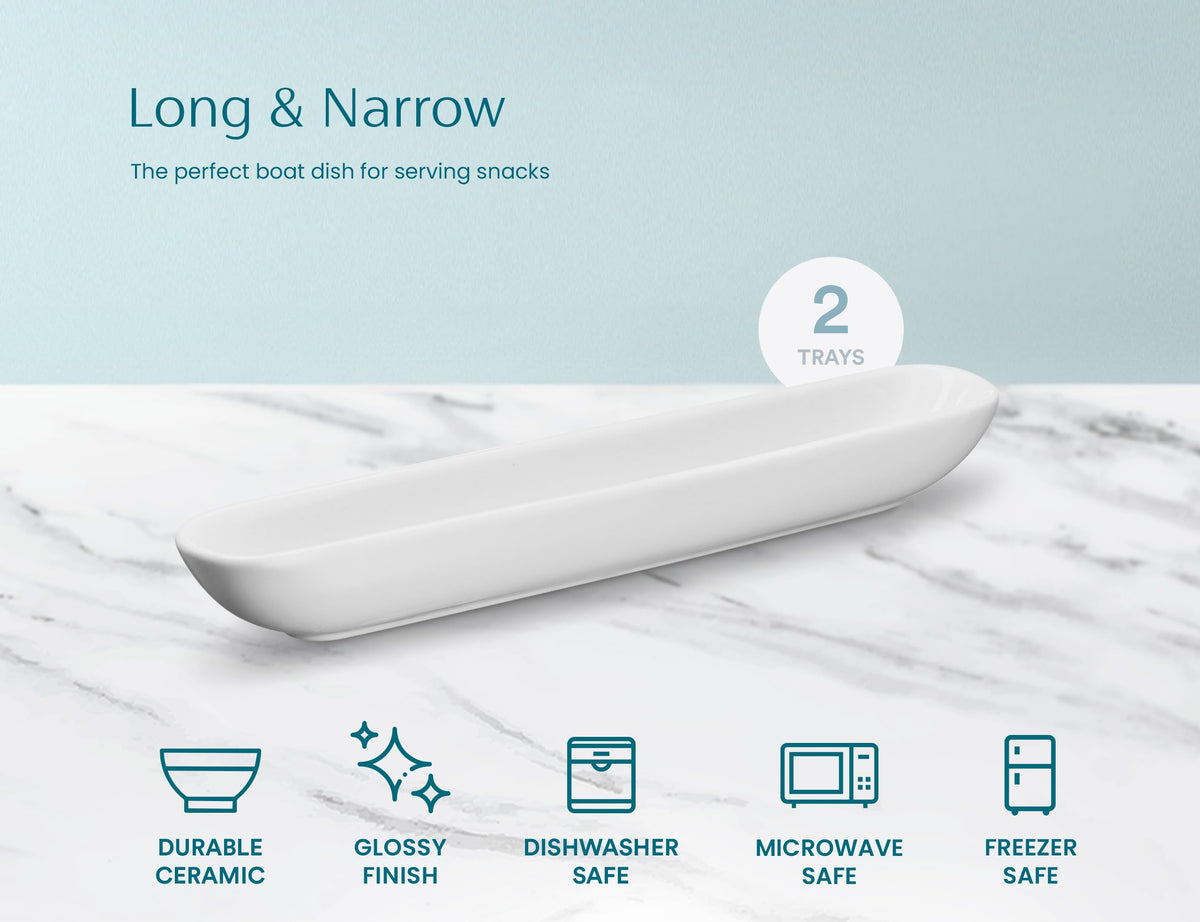 KooK Olive Boat Tray, Set of 2, Charcuterie Tray, Grazing Table Supplies, Charcuterie Board Accessories, Ceramic Serving Dish, Narrow Canoe, Cheeses and Appetizers, Dishwasher Safe, 12”, White