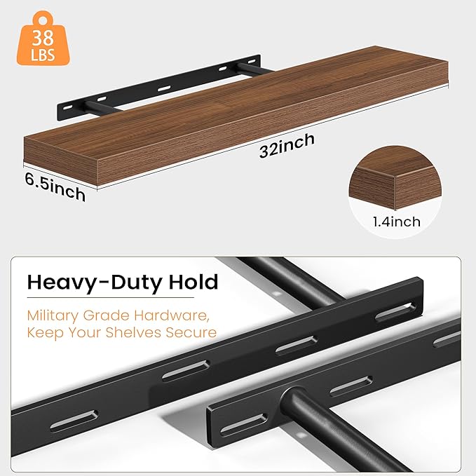 Fun Memories Floating Shelves for Wall, 32 Inch Set of 2 Rustic Wood Wall