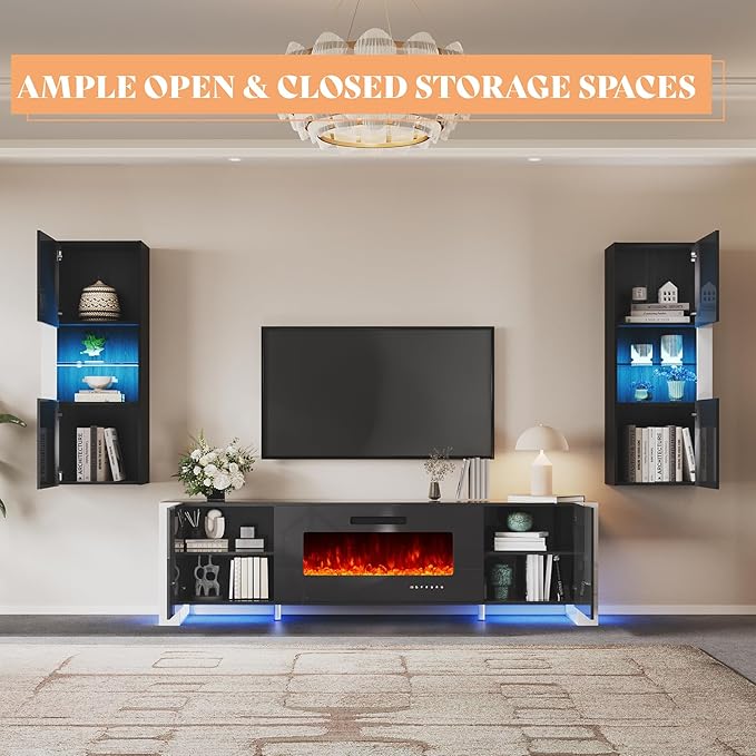 AMERLIFE 3-Piece Modern Wall Unit Entertainment Center Set, High Gloss 80"