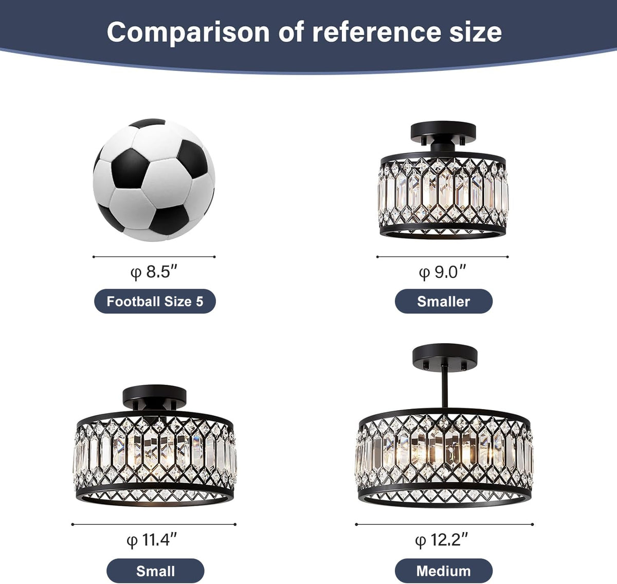 Pevfah Crystal Black Ceiling Light, Modern Semi Flush Mount Ceiling Lighting Fixture, Round Hallway Lighting Fixtures for Kitchen Entryway Bedroom Laundry Room, 1-Light, 11.4 Inch