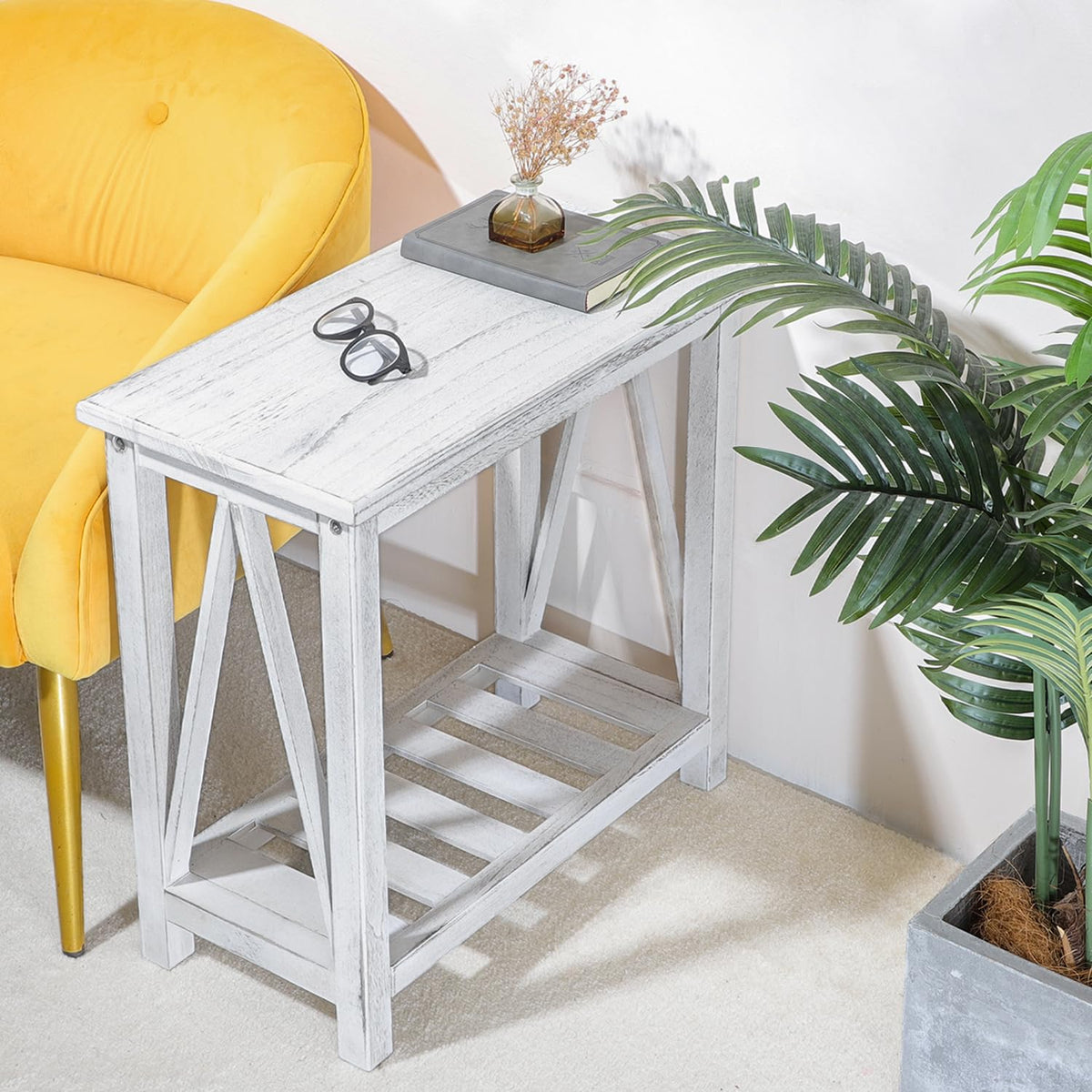 FEUFOAM Farmhouse Narrow End Table Wooden Rustic White Side Tables with Storage Shelves Narrow Sofa Table for Small Spaces Living Room Bedroom Bathroom Dorm