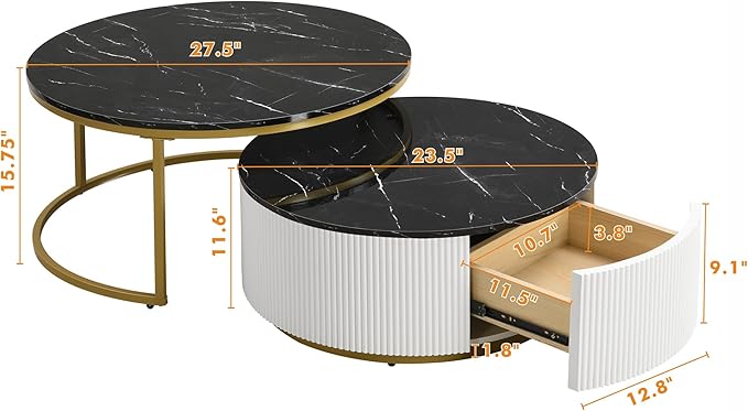 27.6" Modern Round Nesting Coffee Table Fluted