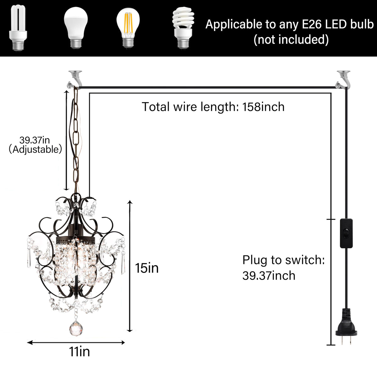 Plug in Pendant Lights with K9 Crystal Bronze Hanging Lamp with 15Ft Clear Cord & On/Off Switch，Mini Chandelier for Closet Living Room Girls Room Bedroom Nursery