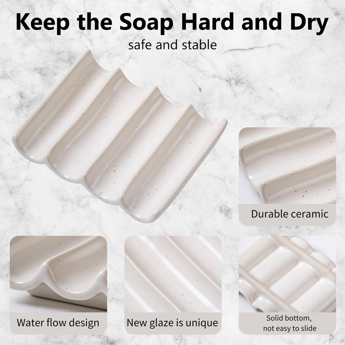 Soap Dish, Draining Ceramic Soap Holder Fluted Design Bar Soap Holder for Shower Bathroom, Soap Saver, Gift for Women Man, White 1 Pcs