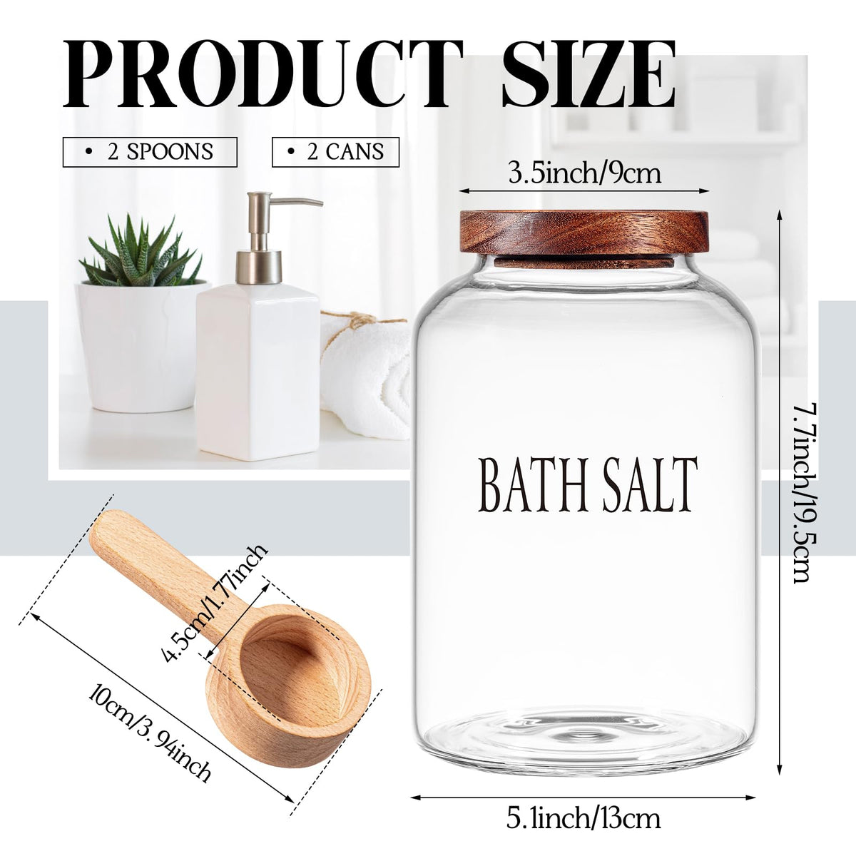 SiliFine 2 Sets 74 oz Glass Bath Salts Jar with Wooden Scoop and Lid, Bath Salt Container for Bathroom Organizers and Storage, Bathtub Accessories for Women Bathroom, Home Decor