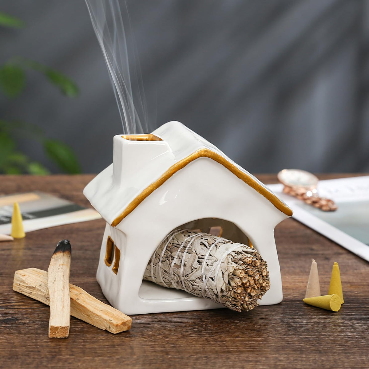 YIASSON Palo Santo Holder Chimney, Sage Holder for Burning, Palo Santo Burner, Sage Burner, Ceramic Christmas Cabin&Mini Chiminea Incense Burner, House Tea Light Burner, Smudge Bowl, Incense Holder