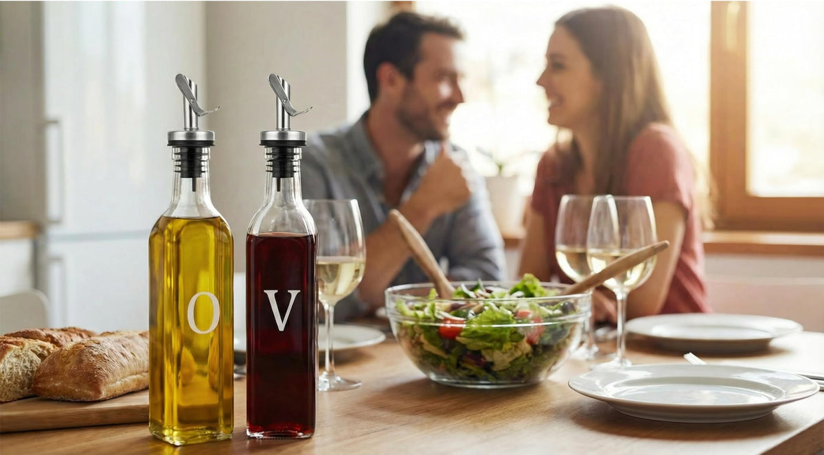 GREENOLIVE Olive Oil and Vinegar Dispenser Set - 17 oz. Glass Bottles with No-Drip BPA-Free Spouts - Stylish O and V Identifiers for Kitchen and Dining Use - Set of 2