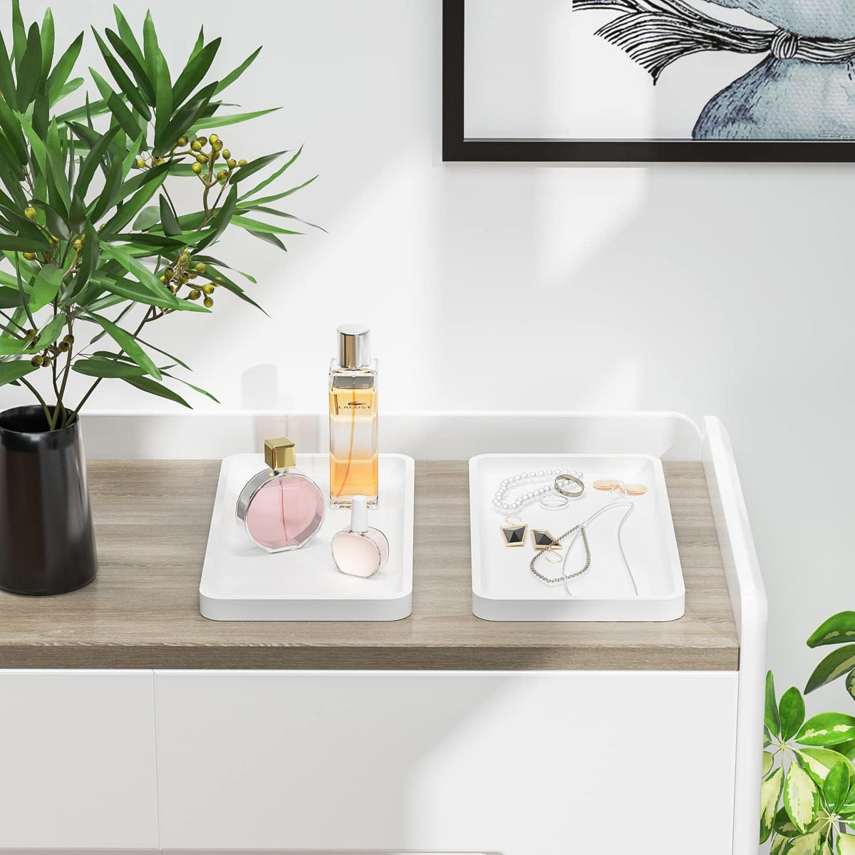 Weenson Bathroom Vanity Trays for Countertop Toiletries Decor Candle Perfume Makeup, Kitchen Tray for Soap Dispenser Spice Salt Oil, White Tray for Toilet Tank Coffee Nightstand Set of 2