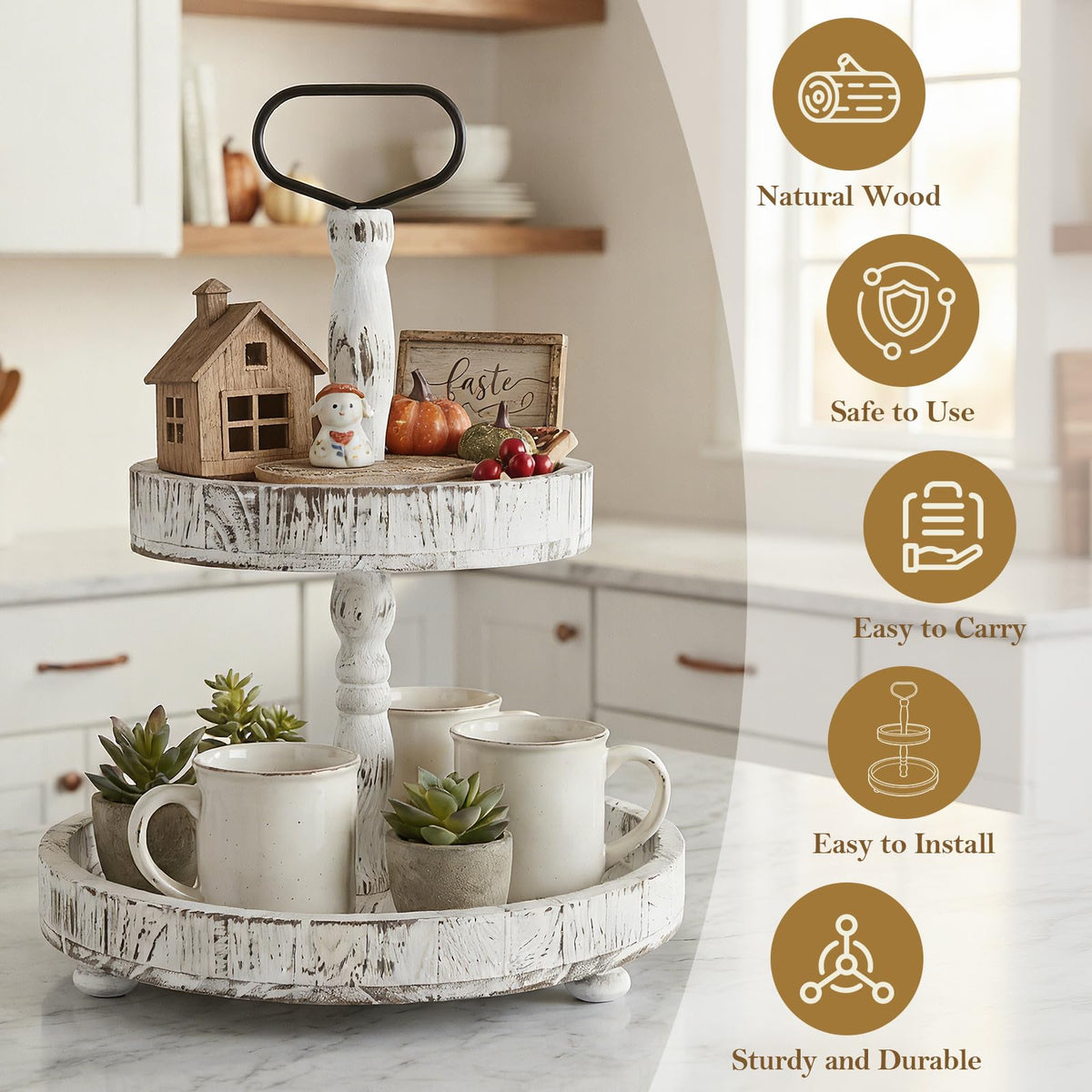 Horse Rustic Wooden Tiered Tray, 18.5x12.5 2 Tier Farmhouse Decor Cupcake Stand, Round Serving Tray for Home Kitchen Shelf Dinning Table Seasonal & Independence Day,Halloween,Christmas Decorations