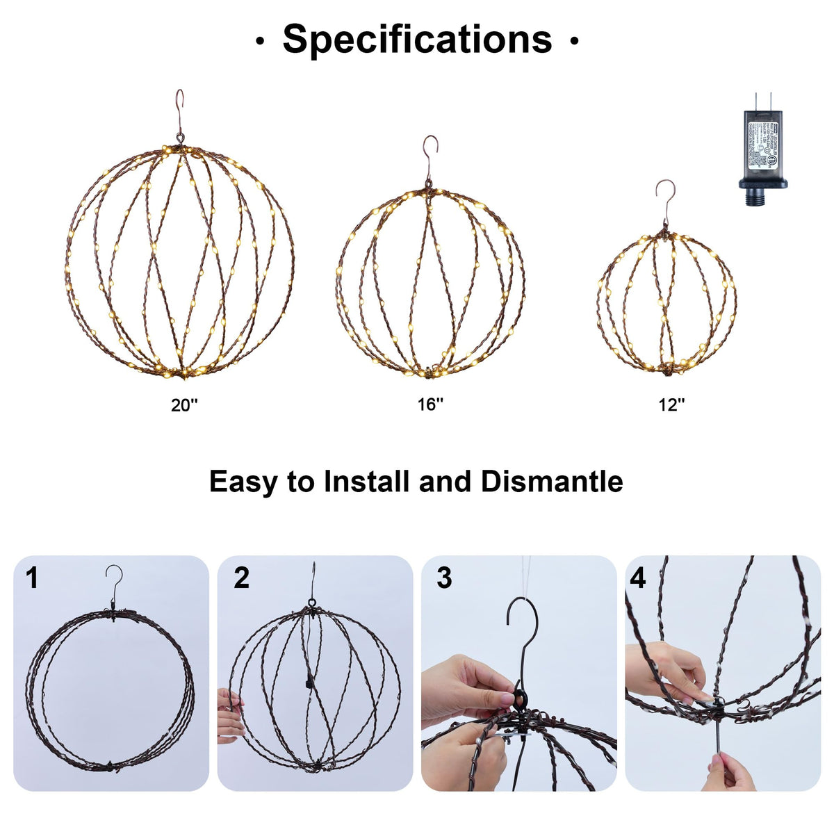 LIGHTSHARE 248LED 12IN+16IN+20IN Light Ball Yard Decoration Pathway Lights Brown Sphere Light Fold Flat Metal Frame Indoor Outdoor Waterproof Garden Lights, Plug in(Set of 3)