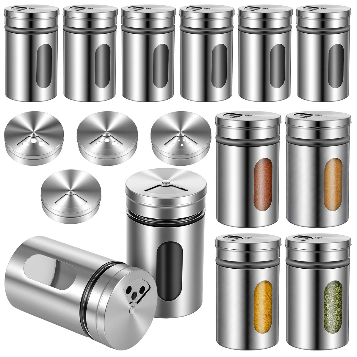 12 PCS Stainless Steel Salt and Pepper Shakers Set with Adjustable Pour Holes and Glass Window Seasoning Shakers with Rotating Lid Spice Dispenser Shaker for Seasoning, Sugar, Cinnamon, Home Kitchen