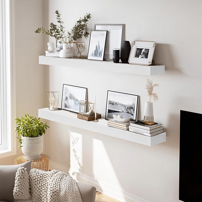 36x8x1.6 inch Floating Shelves Set of 2 – Solid Wood Rustic White Wall Mounted