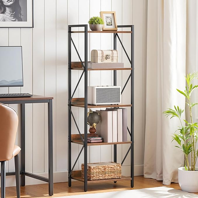 HOOBRO Bookshelf, 5-Tier Industrial Bookcase, Book Shelf Storage Organizer