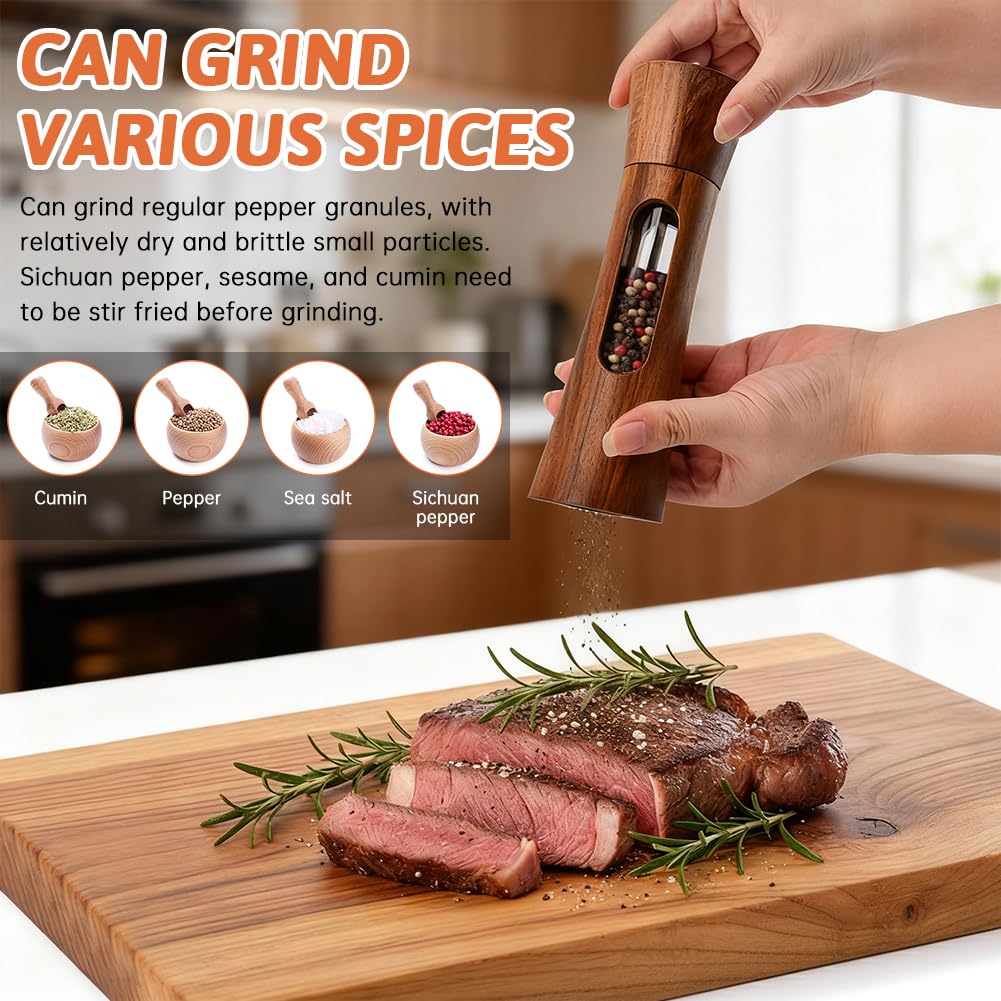 2Pack Wooden Salt and Pepper Grinder Set, 8-Inch Refillable Manual Salt and Pepper Mills with Clear View Window, Wood Shakers with Ceramic Grinder & Wooden Stand, Adjustable Coarseness