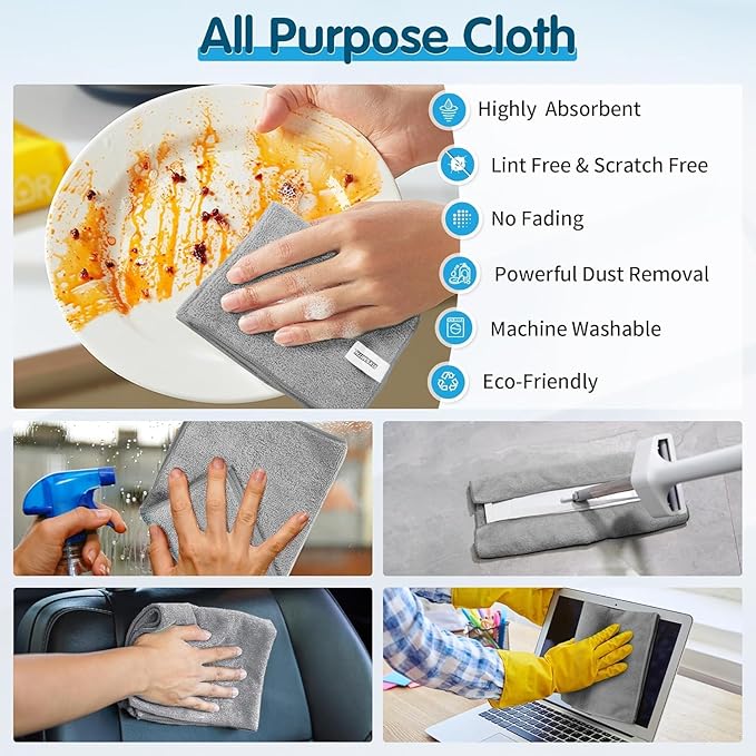 FIXSMITH Grey Microfiber Cleaning Cloth -Pack of 24, Highly Absorbent Cleaning