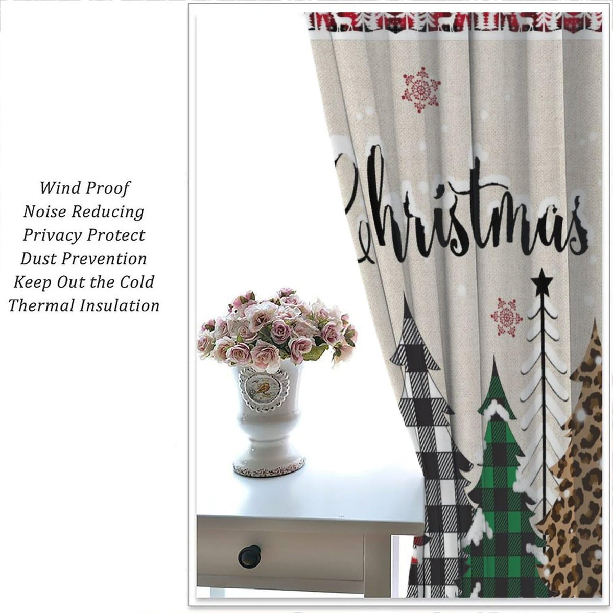 Christmas Tree Curtain Farmhouse Buffalo Plaid Xmas Tree Winter Cabin Snowflake Holiday Window Treatment for Living Room Bedroom Kitchen Cafe Study Dinin Merry Christmas Decor Window Drapes 42"W X 45"