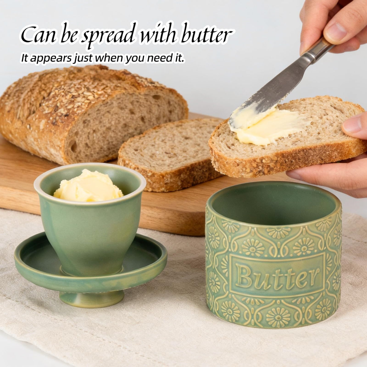 KAMMAK Butter Crock with Lid - Ceramic Butter Keeper for Countertop, Soft Spreadable Butter Dish with Water Line, Housewarming Gifts, Kitchen and Home Decor, Kiln-Changed Green - 6.7oz