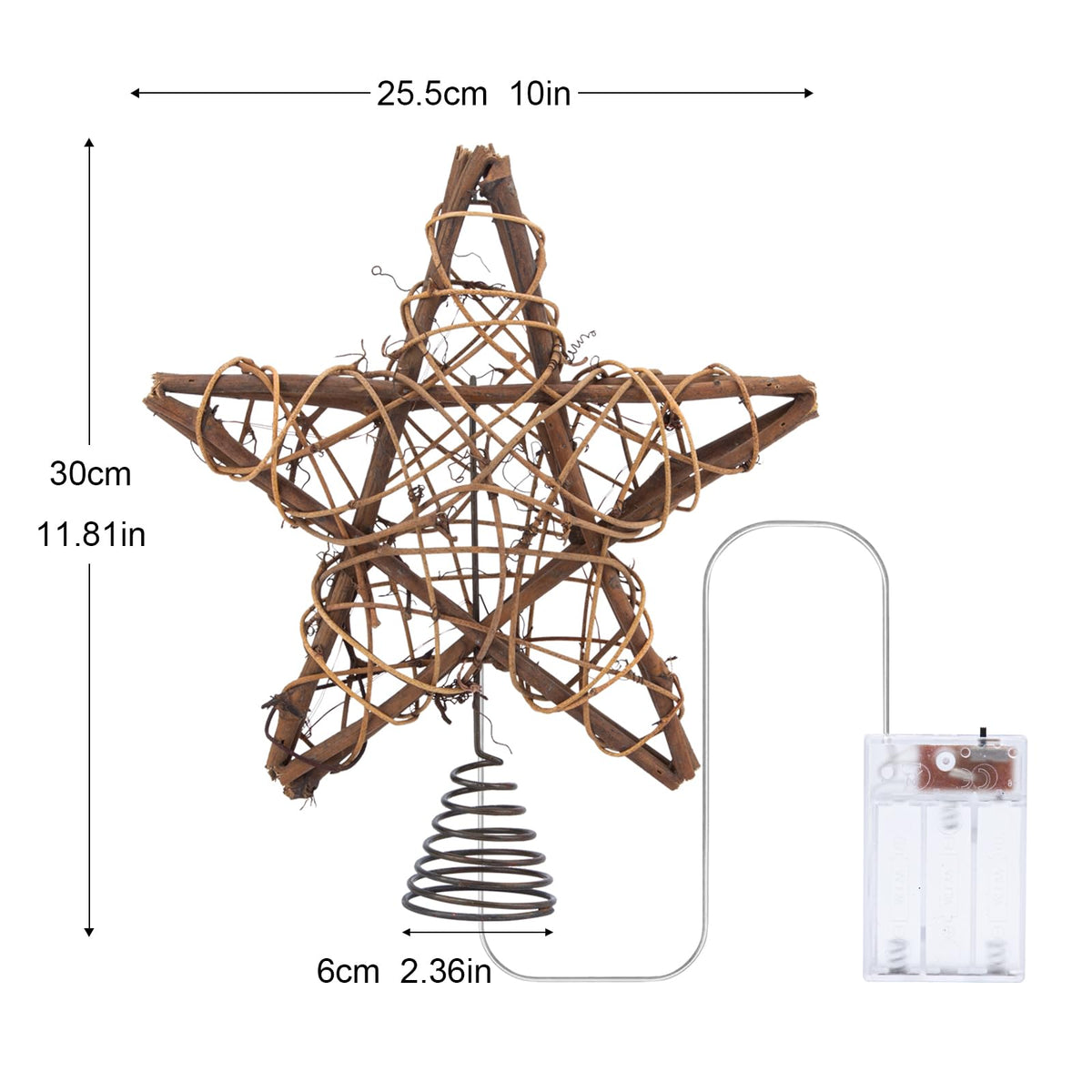 LAWOHO Christmas Tree Topper Star, 10-inch Rustic Brown Rattan Natural with 10 Warm White Lights Three Functions with Timer, Seasonal Decoration for Festive Christmas Home Indoor Ornament