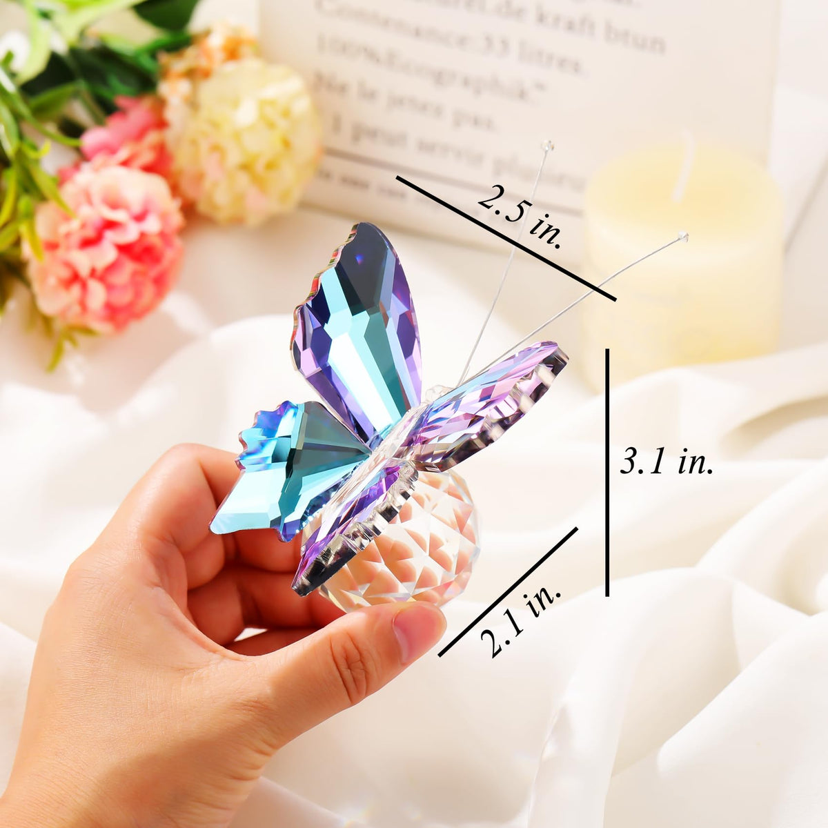 YWHL Light Purple Crystal Butterfly Figurine Decor, Glass Butterfly Gifts for Women with Base, Animal Collectible Statue Ornament for Home Office