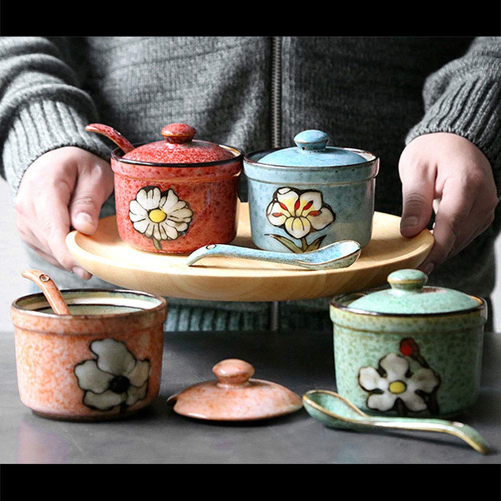VanEnjoy Retro Hand Painted Flower Ceramic Round Sugar Spice Containers Porcelain Jar with Spoon Round Condiment (blue)