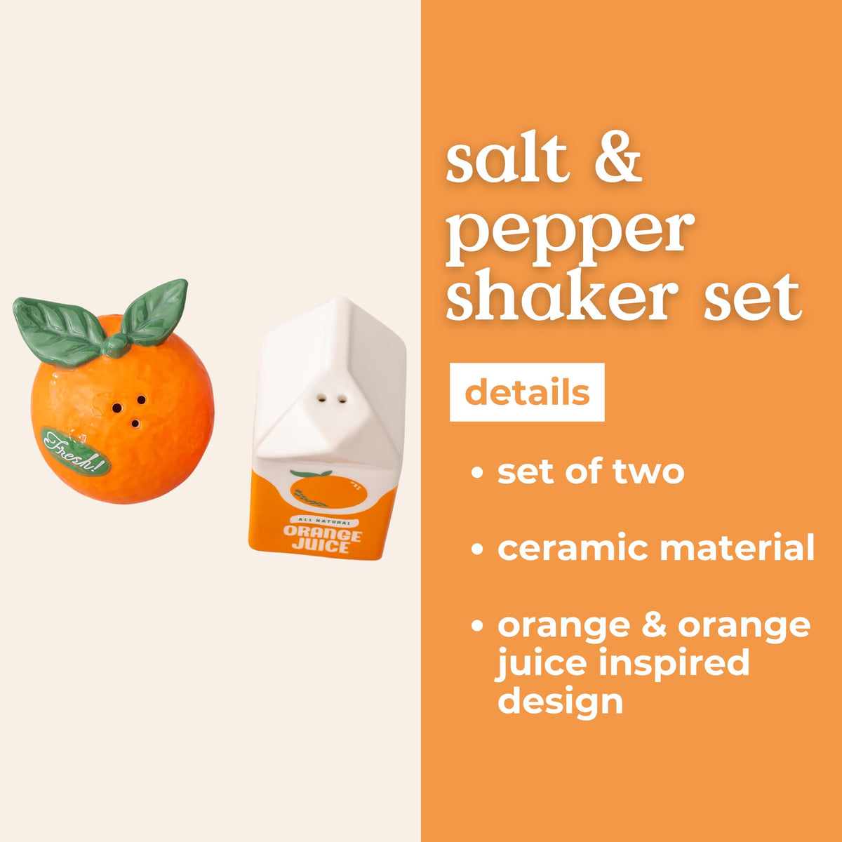 ban.do Cute Salt and Pepper Shakers Set in Novelty Fruit Shape, Matching Vintage Inspired Shakers, Orange