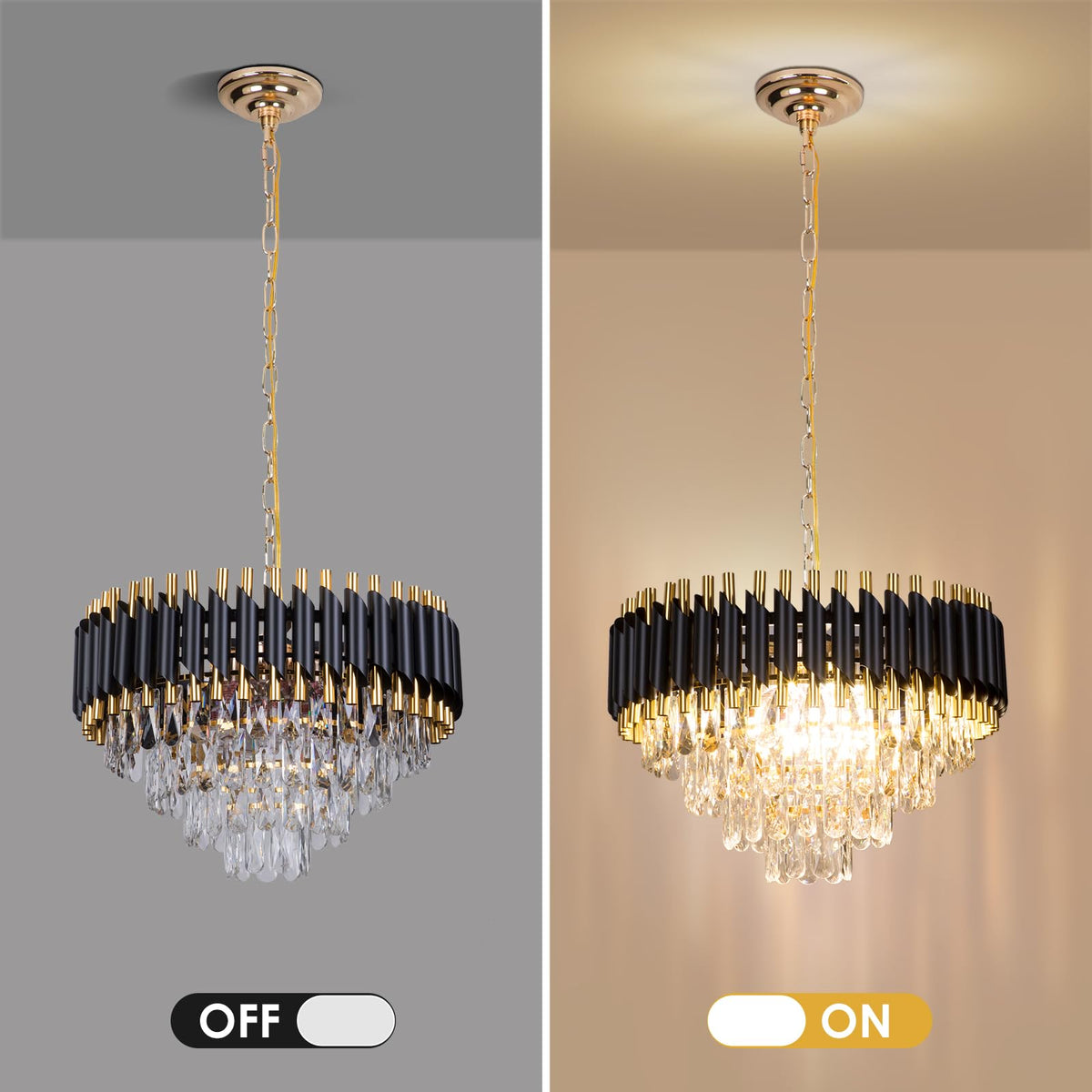 FRIXCHUR Modern Crystal Chandelier 20" Black Flush Mount Ceiling Light 4 Tiers Crystal Pendant Light LED Crystal Chandelier for Bedroom Dining Room
