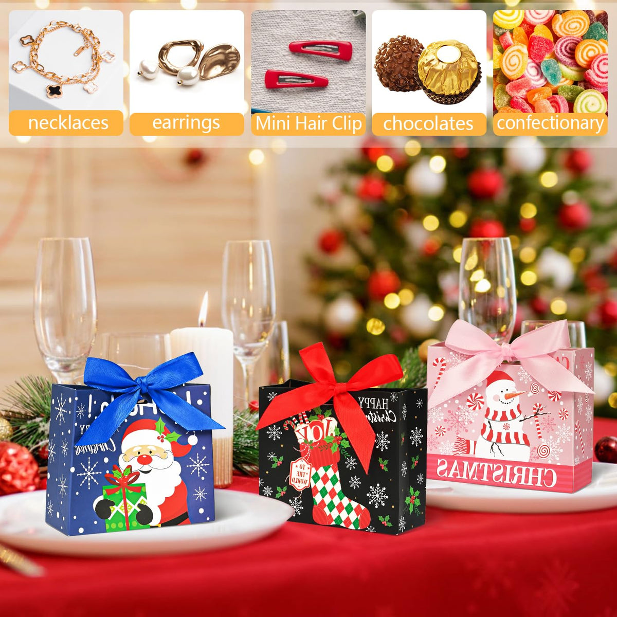 Nimbbex 24Pack Small Christmas Gift Bags Bulk, 4.5×4×1.8 Inches Mini Christmas Gift Bags with Ribbon, small holiday gift bags, Xmas Tree, Party Supplies
