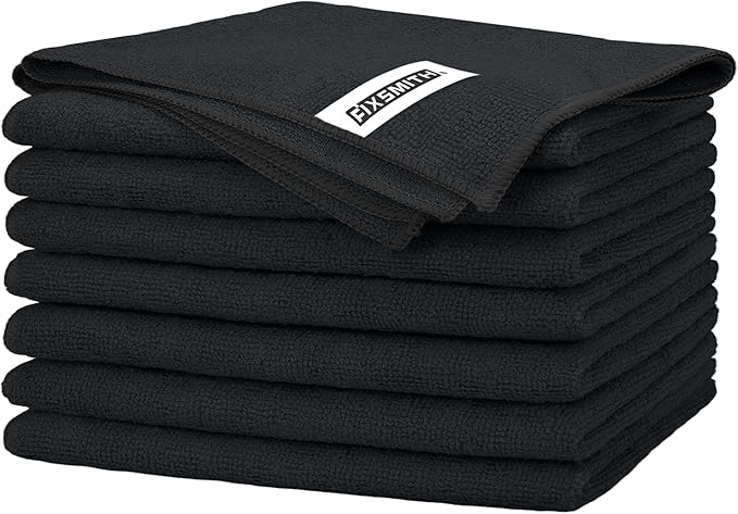 FIXSMITH Black Microfiber Cleaning Cloth -Pack of 8, Highly Absorbent Cleaning