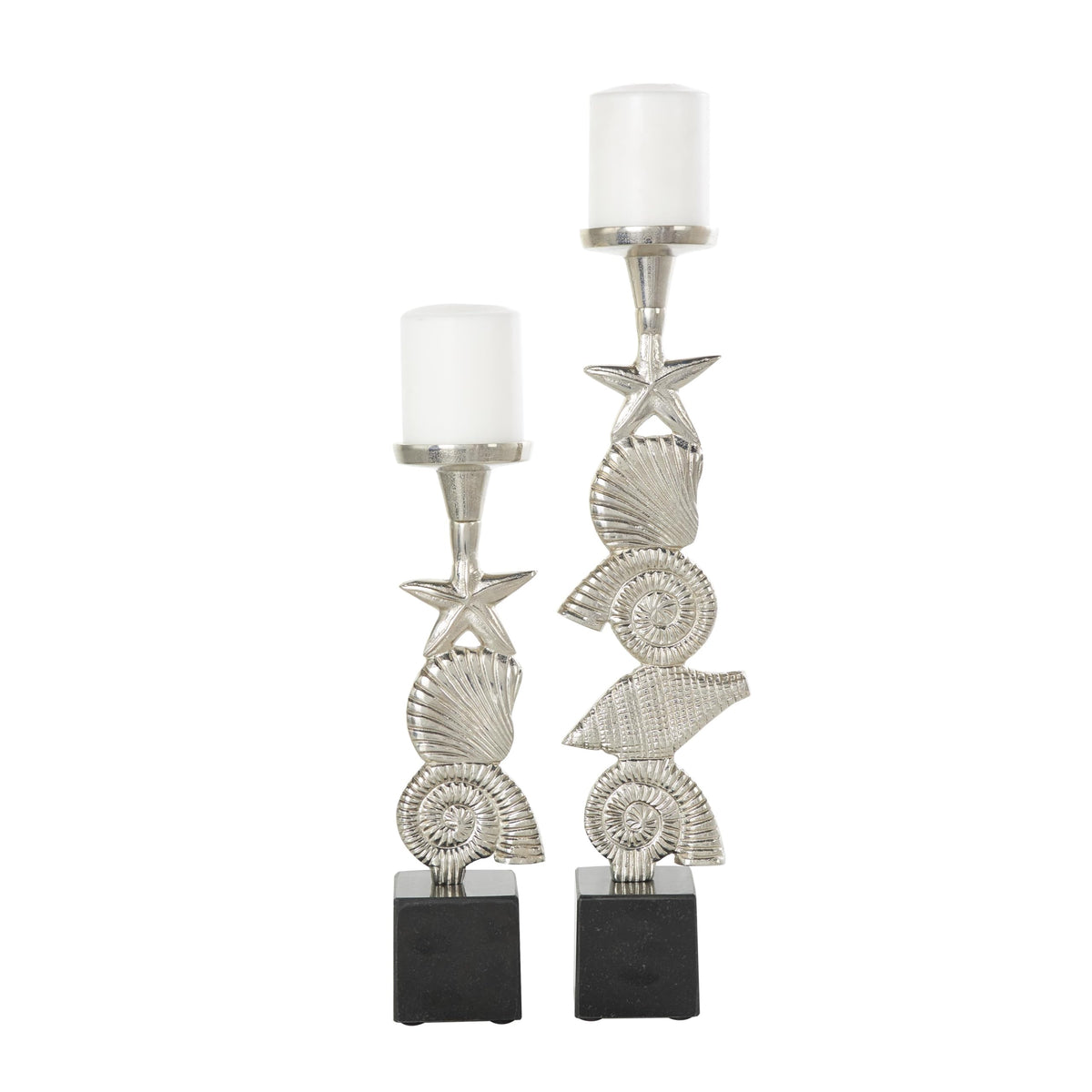Deco 79 Aluminum Metal Shell Decorative Candle Holder Candle Stand with Black Marble Bases, Set of 2 Candlestick Holder 20", 14" H, Silver