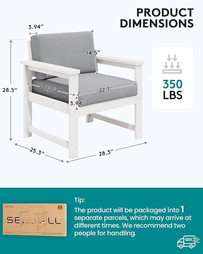 SERWALL 2 Pieces Single Cushioned Lounge Chair, HDPE Outdoor Adirondack Sofa