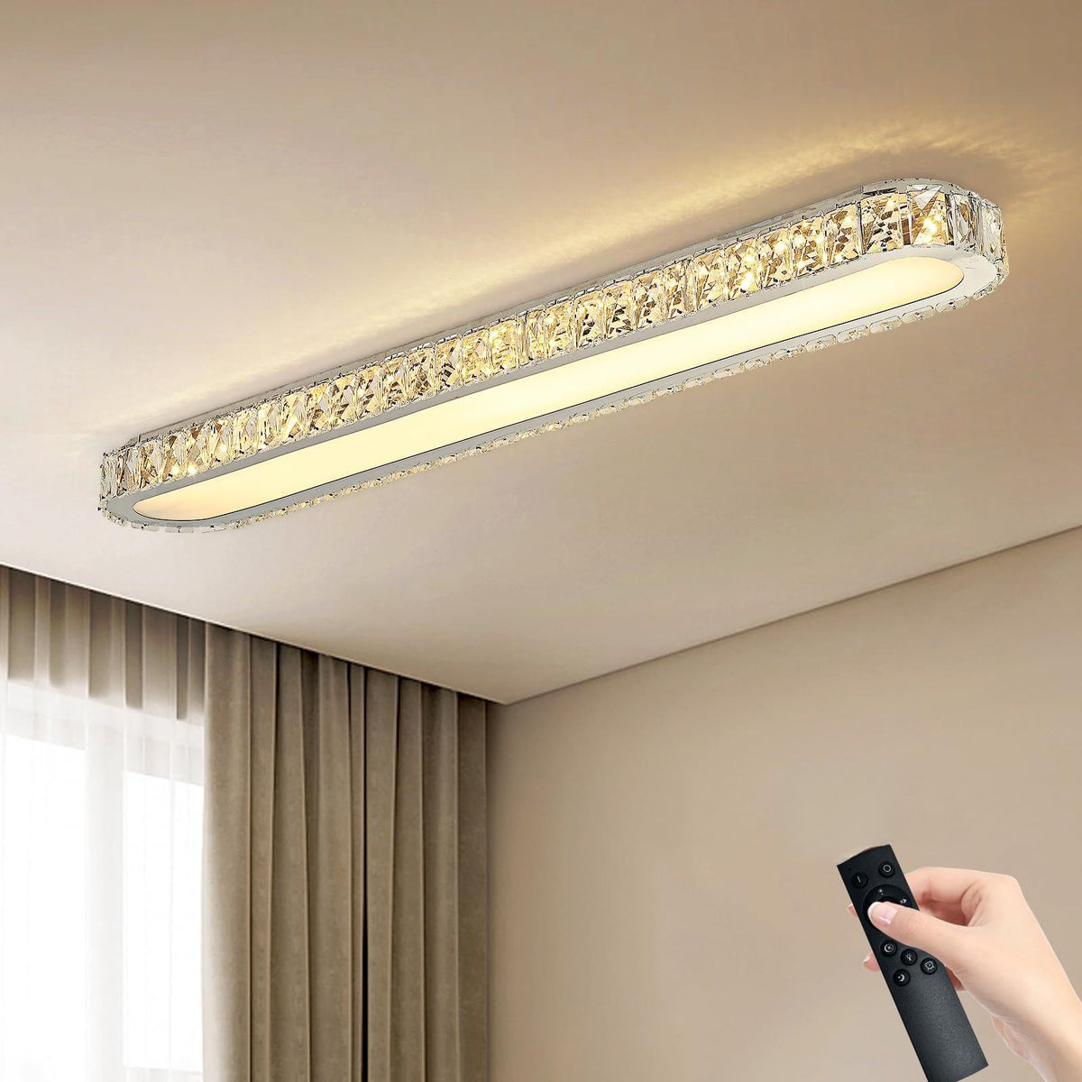 Qcyuui Dimmable LED Ceiling Light 39.4'' Kitchen Lighting Fixtures Ceiling Modern Luxury Crystal Ceiling Light with Remote Chrome Long Ceiling Light Fixture for Kitchen Dining Room Hallway,48W