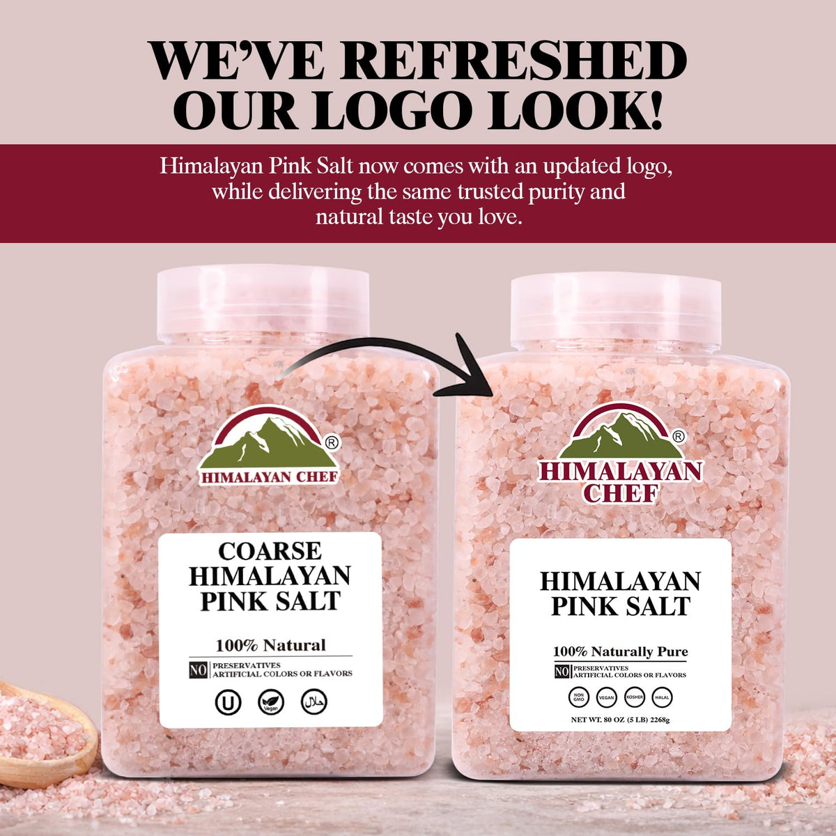 Himalayan Chef Pink Himalayan Salt Coarse Grain, 5 lbs Plastic Jar - Pure, Natural, Kosher, Mineral-Rich, Ideal for Grinder Refills, Cooking, Seasoning