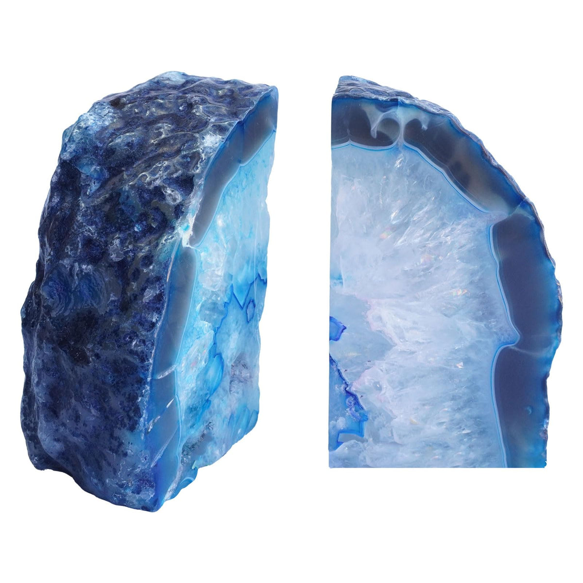 Sisamn Natural Blue Dyed Agate Geode Bookends - 3 to 4 lb Heavy Duty Rock Crystal Stone Book Ends for Shelves, with Rubber Bumpers, Decorative Book Holders for Home Office