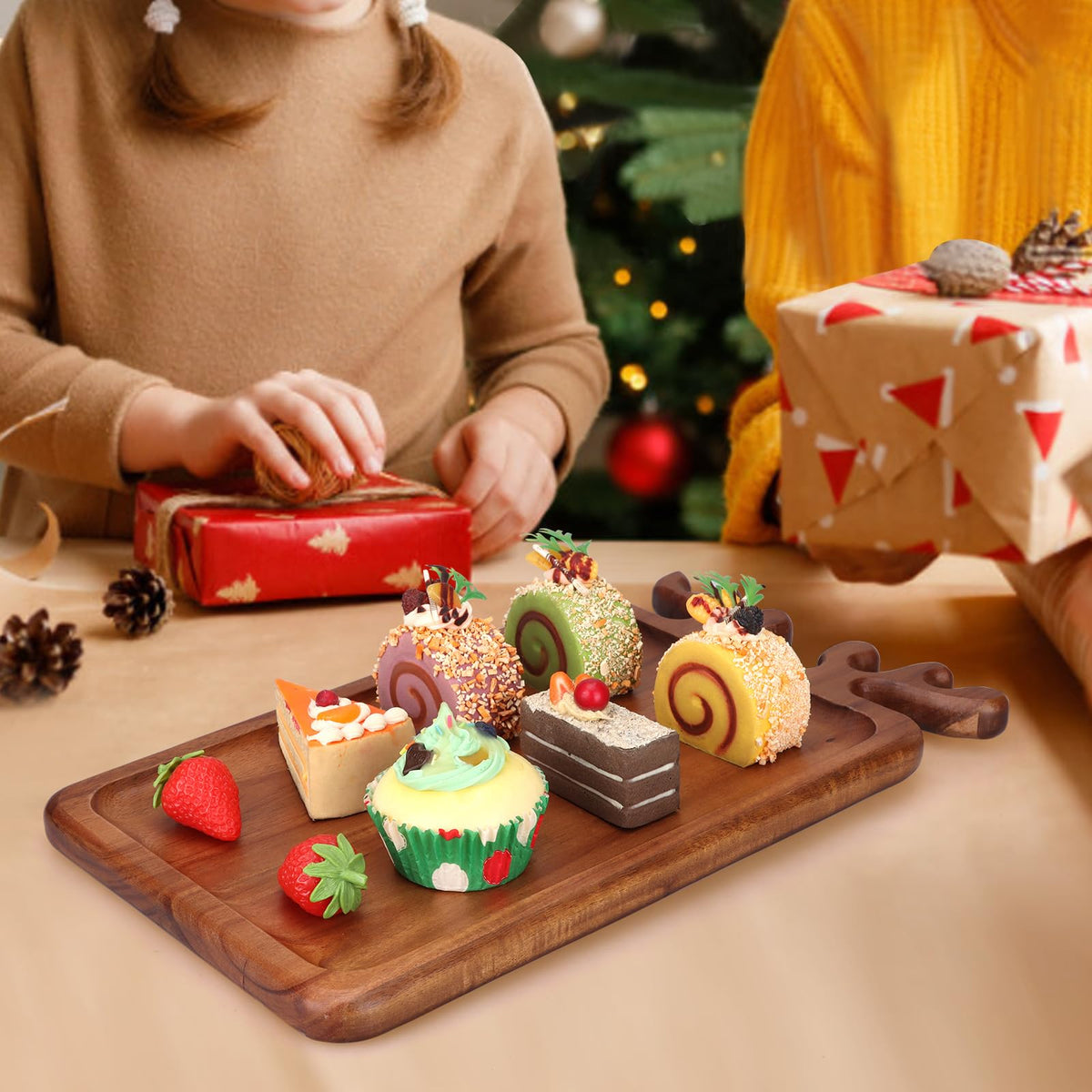 Renawe Decor Christmas Appetizer Platter for Xmas Charcuterie Board Wood Tray Kitchen Xmas Decoration Wooden Cheese Board Serving Dish Dessert Plate Reindeer Cookie Platters Gift
